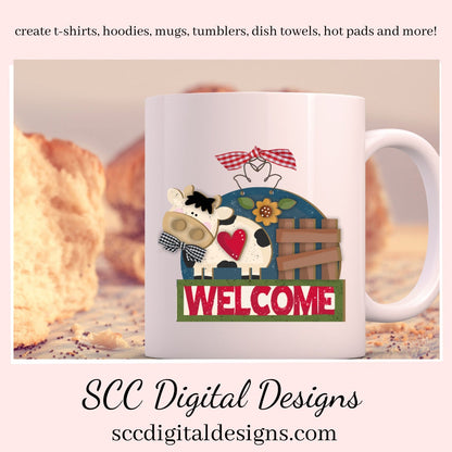 Our welcome sign for the front door has black and white cow, and wood fence and sunflower which is a 3d png image, clip art for commercial use and great kitchen decor in any farmhouse! Cricut Designs, Farm Animals Clipart, Tumbler Design for Woman
