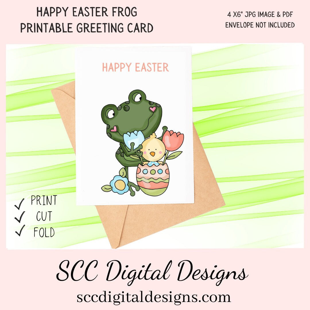 Our printable Easter greeting cards designs are ready for you to download, print, and add your unique message. Our whimsical funny frog has tulips, and a colored egg, is a Printable Easter Card, with Happy Easter. Whimsical Art, Print at Home Cards, DIY Gift Card, Blank Card PDF, DIY Gift for Her, Easter Cards, Easter Printables, Instant Download, Blank Cards Download