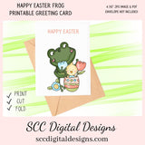 Our printable Easter greeting cards designs are ready for you to download, print, and add your unique message. Our whimsical funny frog has tulips, and a colored egg, is a Printable Easter Card, with Happy Easter. Whimsical Art, Print at Home Cards, DIY Gift Card, Blank Card PDF, DIY Gift for Her, Easter Cards, Easter Printables, Instant Download, Blank Cards Download