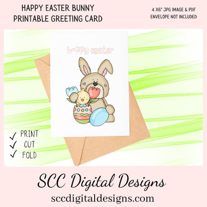Our printable Easter greeting cards designs are ready for you to download, print, and add your unique message. Our whimsical Easter bunny has tulips, colored eggs, and a chick is a Printable Easter Card, with Happy Easter. Whimsical Art, Print at Home Cards, DIY Gift Card, Blank Card PDF, DIY Gift for Her, Easter Cards, Easter Printables, Instant Download, Blank Cards Download