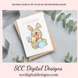 Our printable Easter greeting cards designs are ready for you to download, print, and add your unique message. Our whimsical Easter bunny has tulips, colored eggs, and a chick is a Printable Easter Card, with Happy Easter. Whimsical Art, Print at Home Cards, DIY Gift Card, Blank Card PDF, DIY Gift for Her, Easter Cards, Easter Printables, Instant Download, Blank Cards Download