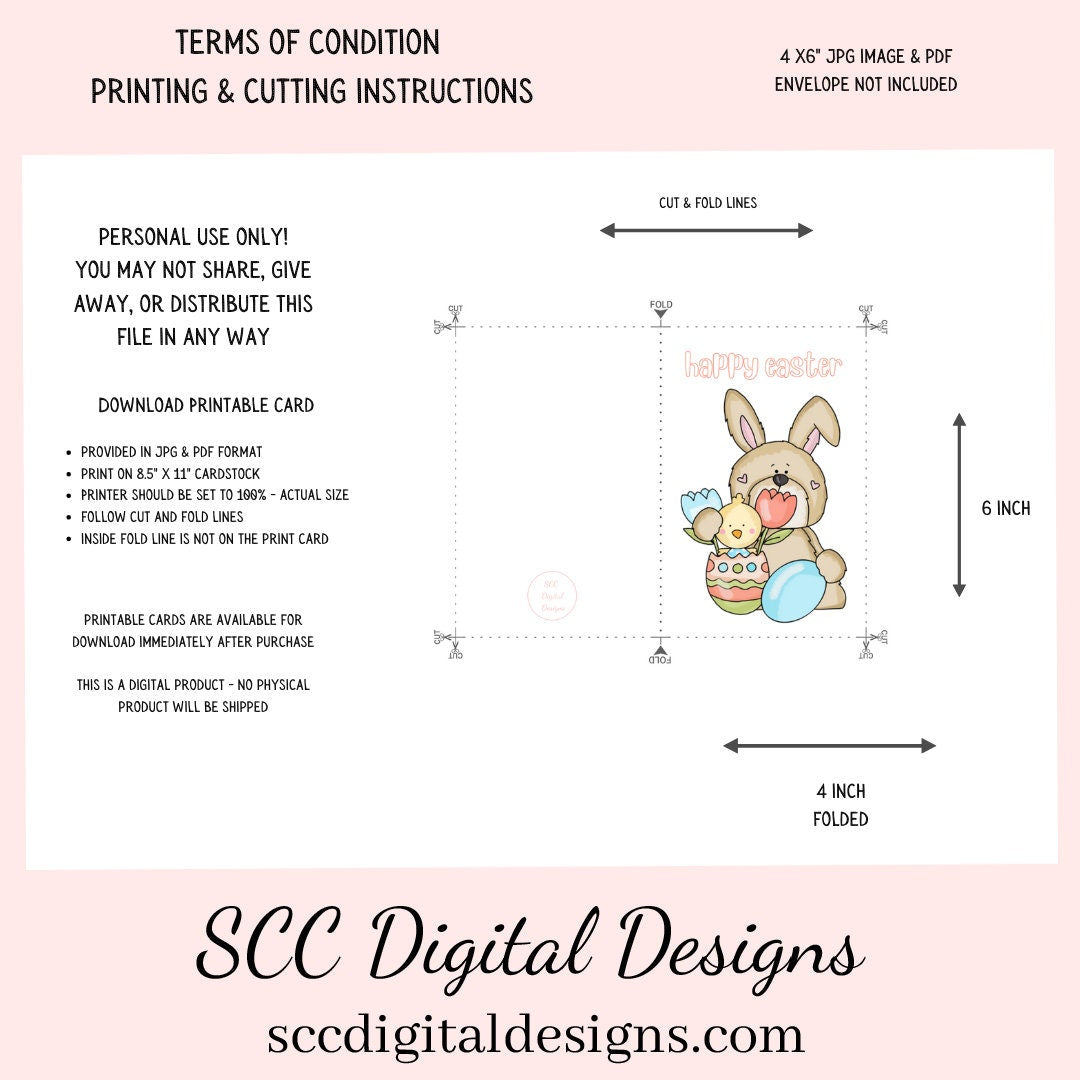 Our printable Easter greeting cards designs are ready for you to download, print, and add your unique message. Our whimsical Easter bunny has tulips, colored eggs, and a chick is a Printable Easter Card, with Happy Easter. Whimsical Art, Print at Home Cards, DIY Gift Card, Blank Card PDF, DIY Gift for Her, Easter Cards, Easter Printables, Instant Download, Blank Cards Download