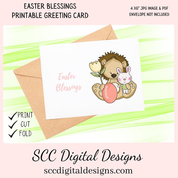 Our printable Easter greeting cards designs are ready for you to download, print, and add your unique message. Our whimsical Little Lion Easter Card has an adorable bunny, colored egg, and a yellow tulip is a Printable Easter Card, with Easter Blessings. Whimsical Art, Cute Lion Postcards, Bunny Cards, Print at Home Cards, DIY Gift Card, Blank Card PDF, DIY Gift for Her