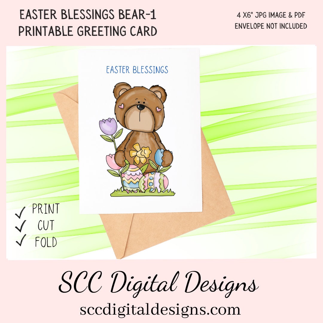 Our printable Easter greeting cards designs are ready for you to download, print, and add your unique message. Our whimsical Easter Bear has tulips, colored eggs, and spring flowers is a Printable Easter Card, with Easter Blessing Bear, Whimsical Art, Print at Home Cards, DIY Gift Card, Blank Card PDF, DIY Gift for Her, Easter Cards, Easter Printables, Instant Download, Blank Cards Download