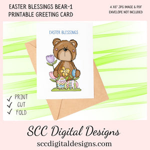 Our printable Easter greeting cards designs are ready for you to download, print, and add your unique message. Our whimsical Easter Bear has tulips, colored eggs, and spring flowers is a Printable Easter Card, with Easter Blessing Bear, Whimsical Art, Print at Home Cards, DIY Gift Card, Blank Card PDF, DIY Gift for Her, Easter Cards, Easter Printables, Instant Download, Blank Cards Download