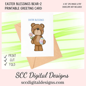 Our printable Easter greeting cards designs are ready for you to download, print, and add your unique message. Our whimsical Easter Bear has tulips, colored eggs, and spring flowers is a Printable Easter Card, with Easter Blessing Bear, Whimsical Art, Print at Home Cards, DIY Gift Card, Blank Card PDF, DIY Gift for Her, Easter Cards, Easter Printables, Instant Download, Blank Cards Download