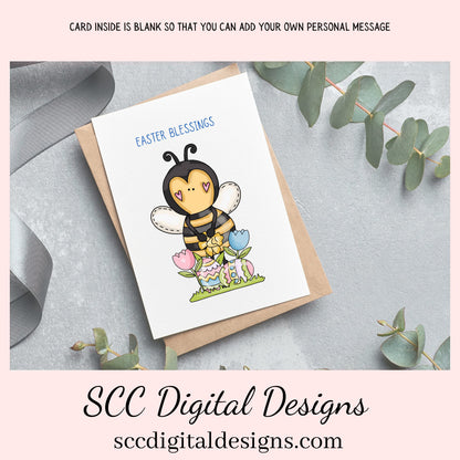 Our printable Easter greeting cards designs are ready for you to download, print, and add your unique message. Our whimsical Easter Bee has tulips, colored eggs, and spring flowers is a Printable Easter Card, with Easter Blessing Bear, Whimsical Art, Print at Home Cards, DIY Gift Card, Blank Card PDF, DIY Gift for Her, Easter Cards, Easter Printables, Instant Download, Blank Cards Download