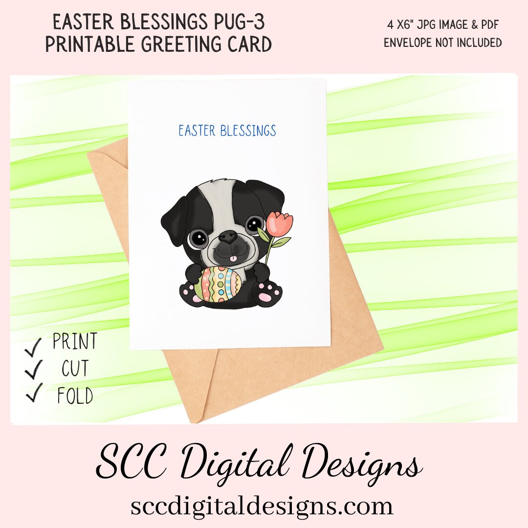 Our printable Easter greeting cards designs are ready for you to download, print, and add your unique message. Our whimsical Easter Pug has colored eggs, and tulips, is a Printable Easter Card, with Easter Blessing Bear, Whimsical Art, Print at Home Cards, DIY Gift Card, Blank Card PDF, DIY Gift for Her, Easter Cards, Easter Printables, Instant Download, Blank Cards Download