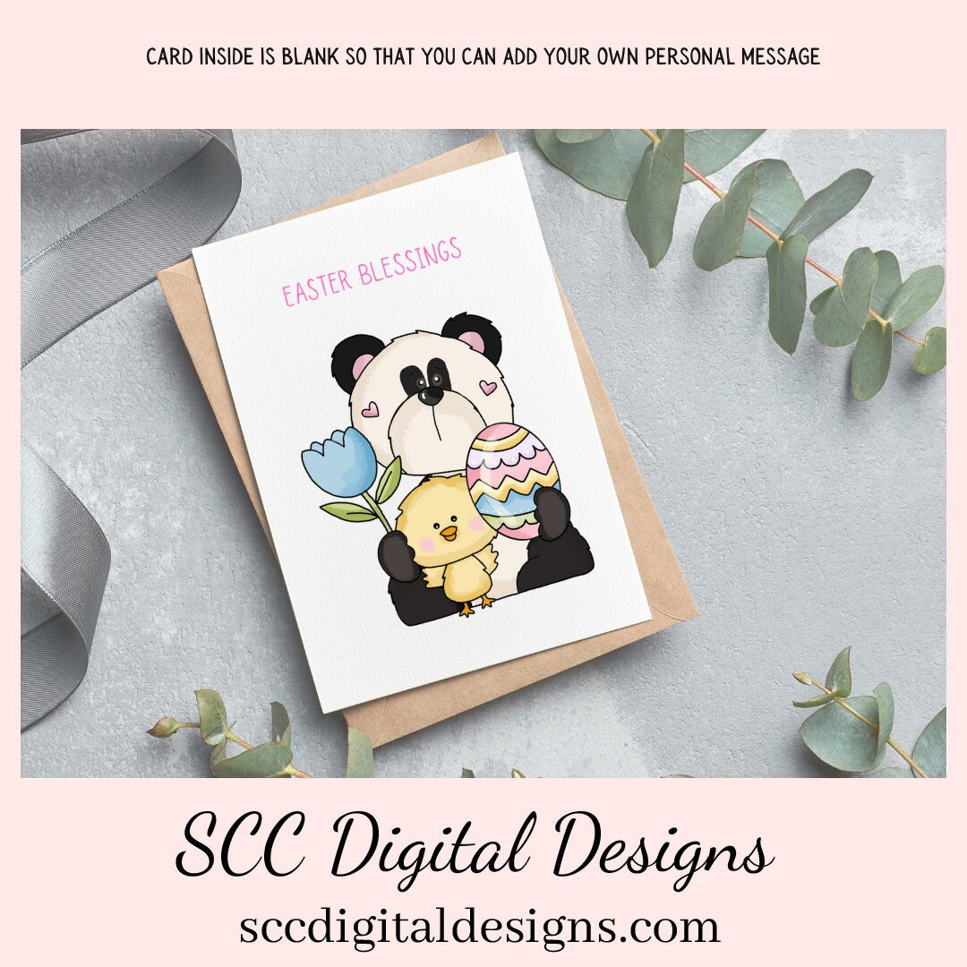 Our printable Easter greeting cards designs are ready for you to download, print, and add your unique message. Our whimsical panda bear has colored eggs, a tulip, and chick, is a Printable Easter Card, with Easter Blessing Panda Bear, Whimsical Art, Print at Home Cards, DIY Gift Card, Blank Card PDF, DIY Gift for Her, Easter Cards, Easter Printables, Instant Download, Blank Cards Download