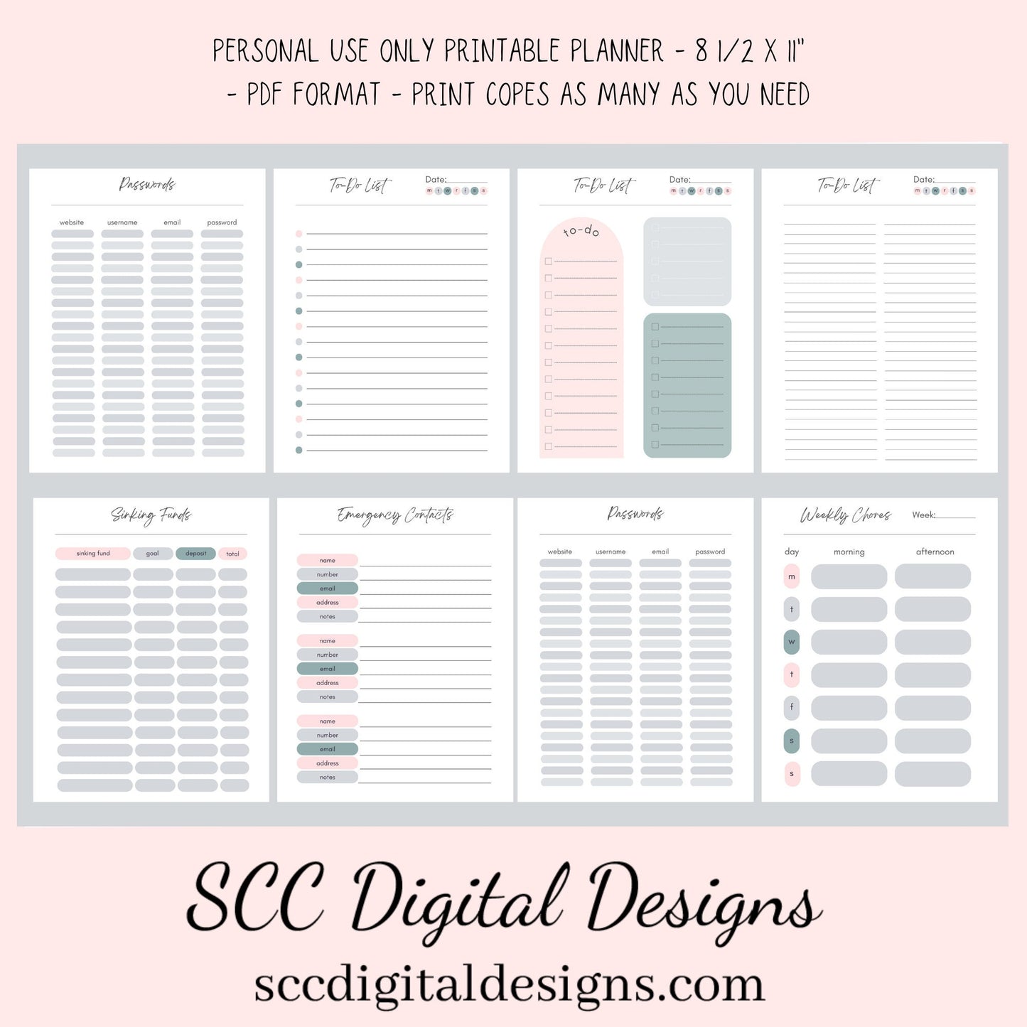 Boho Modern, Printable Calendar, Daily Schedule, Weekly, Monthly, Self Care, Gratitude Journal, Goal Setting, Habit Tracker, Meal Planner  Our boho modern printable planner has hues of pink and blue which is easy on the eyes. We have included several styles of daily, weekly and monthly planner pages. Just pick your style and mix or match.