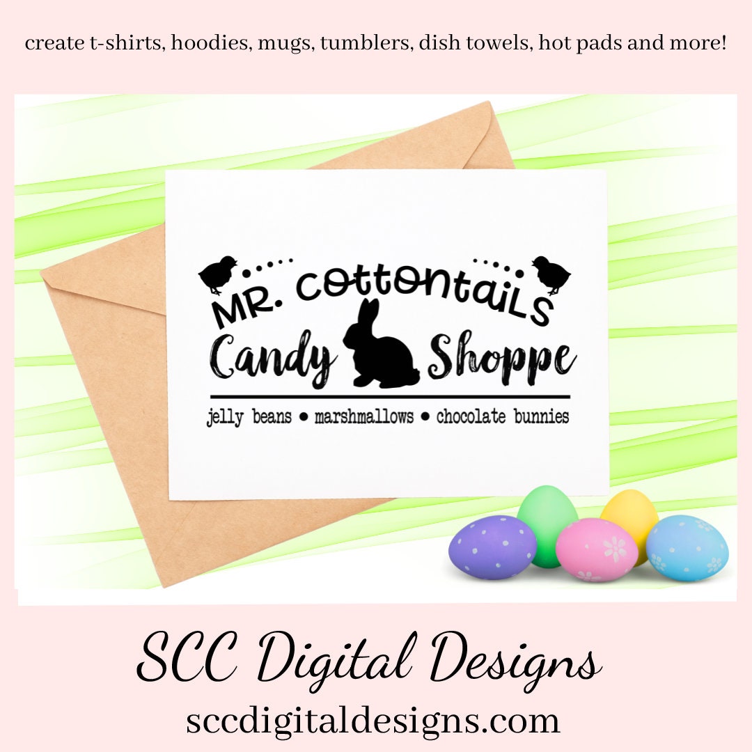 Our Mr Cottontails Candy Shoppe SVG is great for all of your projects this holiday season. Create diy front door signs, or a diy gift for her. Our PNG files are also commercial use art. Our SVGs are great to create home decor, coffee mugs, tumblers, t-shirts, hoodies, kitchen towels, hot pads, and so much more!