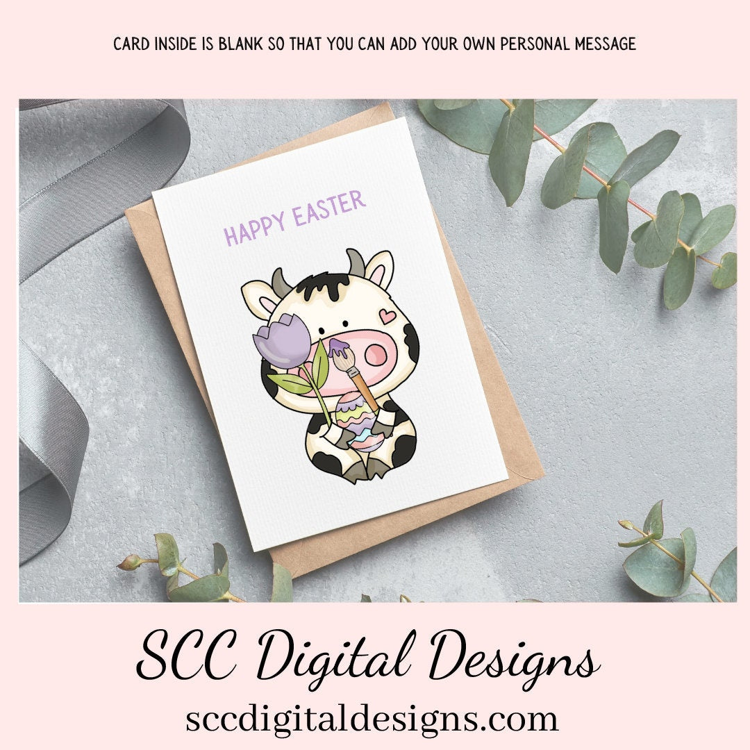 Our printable Easter greeting cards designs are ready for you to download, print, and add your unique message. Our whimsical Black and White Cow Easter Card has a paint brush, colored egg, and a purple tulip is a Printable Easter Card, with Happy Easter. Whimsical Art, Cow Card, Print at Home Cards, DIY Gift Card, Blank Card PDF, DIY Gift for Her, Easter Cards, Easter Printables, Instant Download, Blank Cards Download