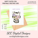 Our printable Easter greeting cards designs are ready for you to download, print, and add your unique message. Our whimsical Black and White Cow Easter Card has a paint brush, colored egg, and a purple tulip is a Printable Easter Card, with Happy Easter. Whimsical Art, Cow Card, Print at Home Cards, DIY Gift Card, Blank Card PDF, DIY Gift for Her, Easter Cards, Easter Printables, Instant Download, Blank Cards Download