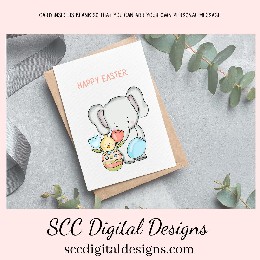 Our printable Easter greeting cards designs are ready for you to download, print, and add your unique message. Our whimsical little elephant has tulips, and a colored egg, is a Printable Easter Card, with Happy Easter. Whimsical Art, Print at Home Cards, DIY Gift Card, Blank Card PDF, DIY Gift for Her, Easter Cards, Easter Printables, Instant Download, Blank Cards Download