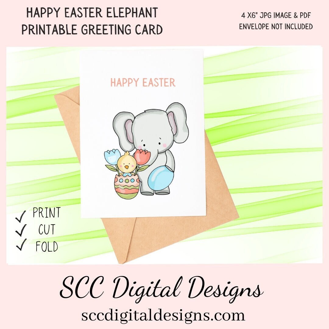 Our printable Easter greeting cards designs are ready for you to download, print, and add your unique message. Our whimsical little elephant has tulips, and a colored egg, is a Printable Easter Card, with Happy Easter. Whimsical Art, Print at Home Cards, DIY Gift Card, Blank Card PDF, DIY Gift for Her, Easter Cards, Easter Printables, Instant Download, Blank Cards Download
