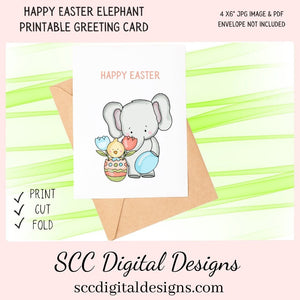 Our printable Easter greeting cards designs are ready for you to download, print, and add your unique message. Our whimsical little elephant has tulips, and a colored egg, is a Printable Easter Card, with Happy Easter. Whimsical Art, Print at Home Cards, DIY Gift Card, Blank Card PDF, DIY Gift for Her, Easter Cards, Easter Printables, Instant Download, Blank Cards Download