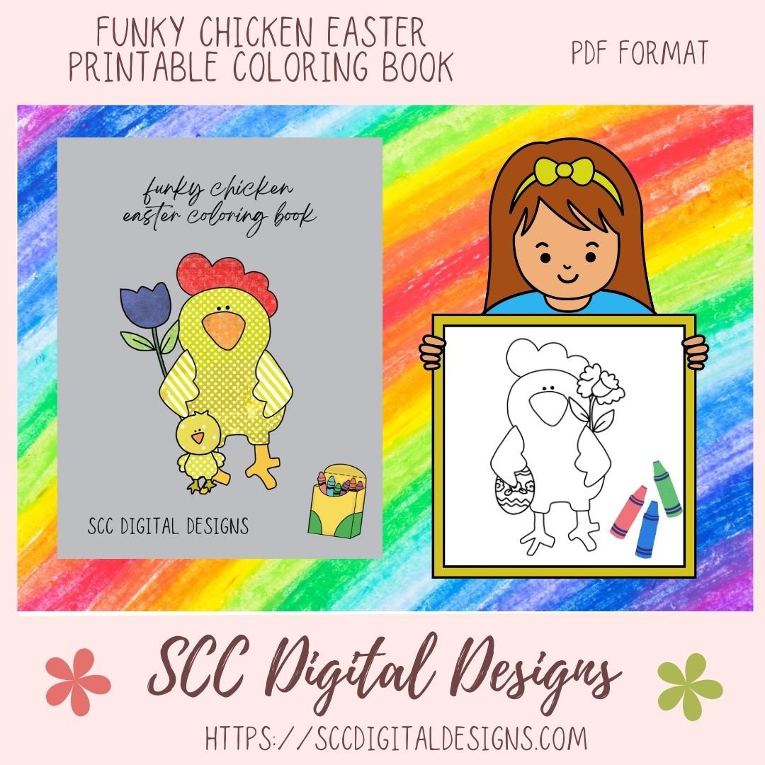 Our funky chicken Easter coloring pages are great kids home school activities, have a coloring contest birthday party, or create a colored story book for grandma. These funky chickens are large format images that will appeal to toddlers, preschoolers, and kids of all ages. Our coloring books come to you in a Printable PDF format that you download, and print right at home.