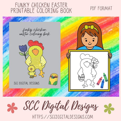 Our funky chicken Easter coloring pages are great kids home school activities, have a coloring contest birthday party, or create a colored story book for grandma. These funky chickens are large format images that will appeal to toddlers, preschoolers, and kids of all ages. Our coloring books come to you in a Printable PDF format that you download, and print right at home.