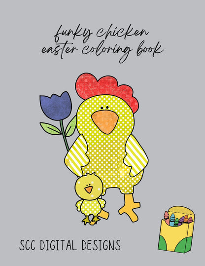 Our funky chicken Easter coloring pages are great kids home school activities, have a coloring contest birthday party, or create a colored story book for grandma. These funky chickens are large format images that will appeal to toddlers, preschoolers, and kids of all ages. Our coloring books come to you in a Printable PDF format that you download, and print right at home.