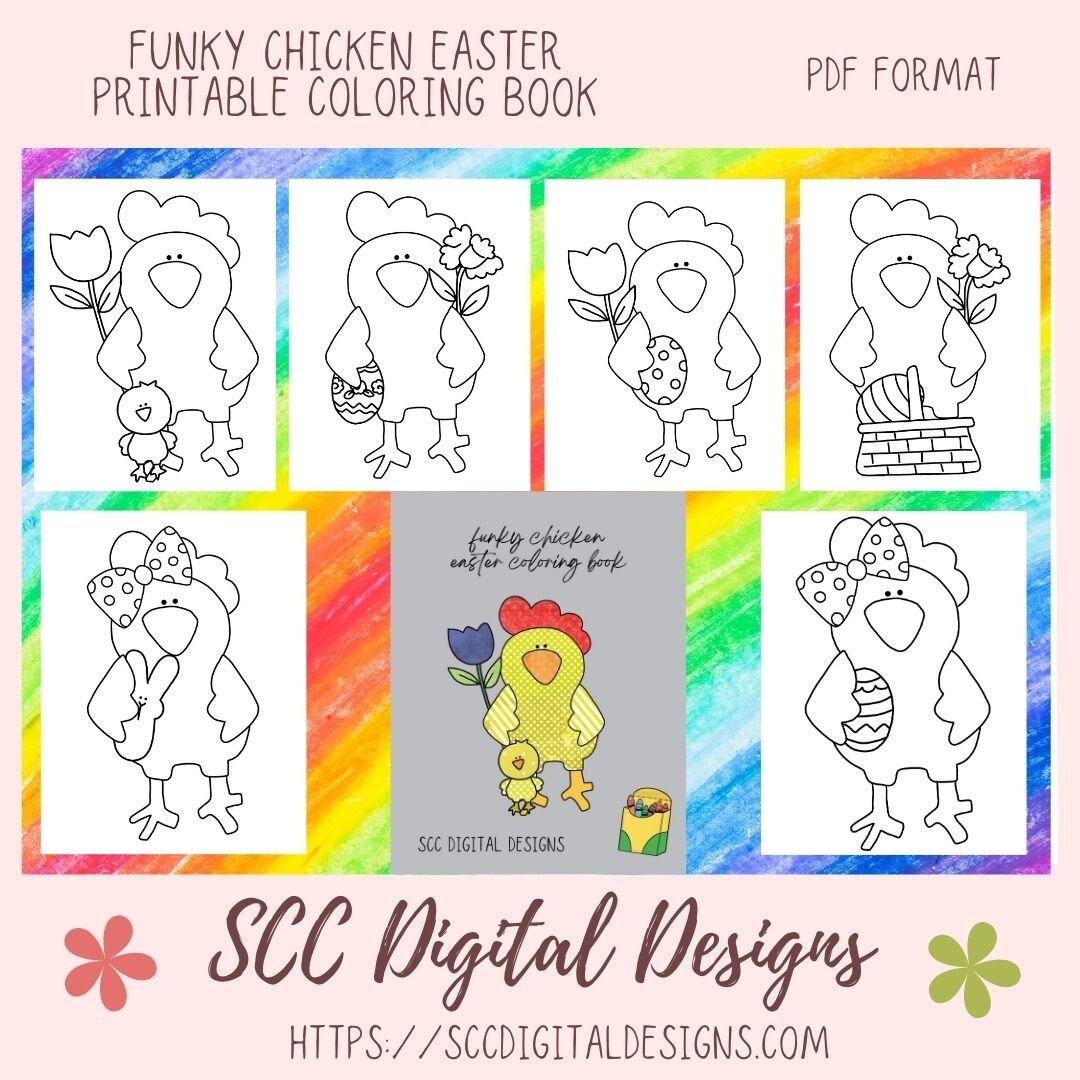 Our funky chicken Easter coloring pages are great kids home school activities, have a coloring contest birthday party, or create a colored story book for grandma. These funky chickens are large format images that will appeal to toddlers, preschoolers, and kids of all ages. Our coloring books come to you in a Printable PDF format that you download, and print right at home.