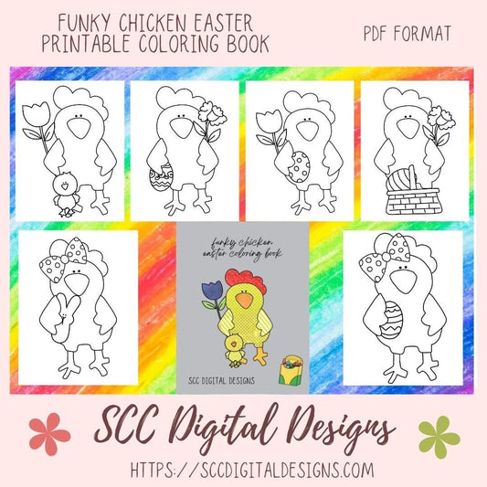Our funky chicken Easter coloring pages are great kids home school activities, have a coloring contest birthday party, or create a colored story book for grandma. These funky chickens are large format images that will appeal to toddlers, preschoolers, and kids of all ages. Our coloring books come to you in a Printable PDF format that you download, and print right at home.