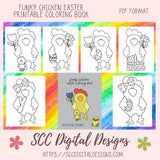 Our funky chicken Easter coloring pages are great kids home school activities, have a coloring contest birthday party, or create a colored story book for grandma. These funky chickens are large format images that will appeal to toddlers, preschoolers, and kids of all ages. Our coloring books come to you in a Printable PDF format that you download, and print right at home.