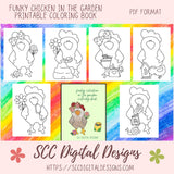 Our funky chicken in the garden coloring pages are great kids home school activities, have a coloring contest birthday party, or create a colored story book for grandma. These funky chickens are large format images that will appeal to toddlers, preschoolers, and kids of all ages. Our coloring books come to you in a Printable PDF format that you download, and print right at home.