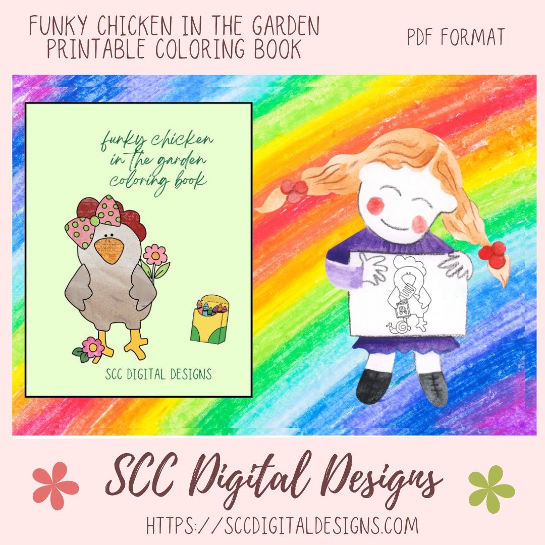 Our funky chicken in the garden coloring pages are great kids home school activities, have a coloring contest birthday party, or create a colored story book for grandma. These funky chickens are large format images that will appeal to toddlers, preschoolers, and kids of all ages. Our coloring books come to you in a Printable PDF format that you download, and print right at home.