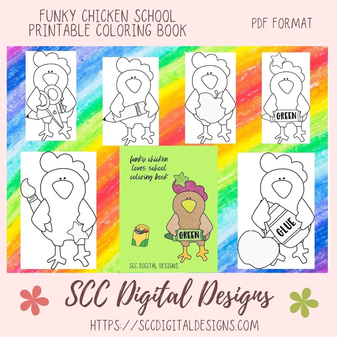 Our funky chickens love school coloring pages are great kids home school activities, have a coloring contest birthday party, or create a colored story book for grandma. These funky chickens are large format images that will appeal to toddlers, preschoolers, and kids of all ages. Our coloring books come to you in a Printable PDF format that you download, and print right at home.
