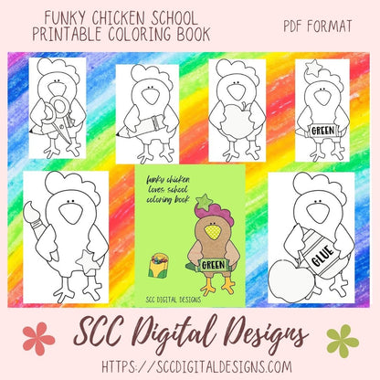 Our funky chickens love school coloring pages are great kids home school activities, have a coloring contest birthday party, or create a colored story book for grandma. These funky chickens are large format images that will appeal to toddlers, preschoolers, and kids of all ages. Our coloring books come to you in a Printable PDF format that you download, and print right at home.