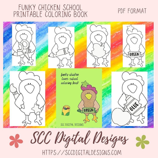 Our funky chickens love school coloring pages are great kids home school activities, have a coloring contest birthday party, or create a colored story book for grandma. These funky chickens are large format images that will appeal to toddlers, preschoolers, and kids of all ages. Our coloring books come to you in a Printable PDF format that you download, and print right at home.
