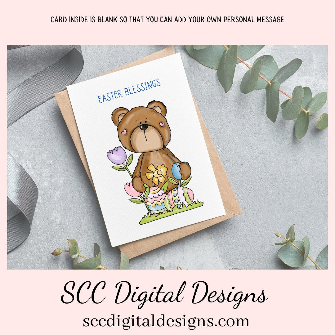 Our printable Easter greeting cards designs are ready for you to download, print, and add your unique message. Our whimsical Easter Bear has tulips, colored eggs, and spring flowers is a Printable Easter Card, with Easter Blessing Bear, Whimsical Art, Print at Home Cards, DIY Gift Card, Blank Card PDF, DIY Gift for Her, Easter Cards, Easter Printables, Instant Download, Blank Cards Download