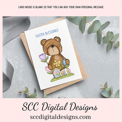 Our printable Easter greeting cards designs are ready for you to download, print, and add your unique message. Our whimsical Easter Bear has tulips, colored eggs, and spring flowers is a Printable Easter Card, with Easter Blessing Bear, Whimsical Art, Print at Home Cards, DIY Gift Card, Blank Card PDF, DIY Gift for Her, Easter Cards, Easter Printables, Instant Download, Blank Cards Download