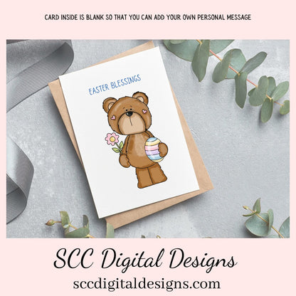 Our printable Easter greeting cards designs are ready for you to download, print, and add your unique message. Our whimsical Easter Bear has tulips, colored eggs, and spring flowers is a Printable Easter Card, with Easter Blessing Bear, Whimsical Art, Print at Home Cards, DIY Gift Card, Blank Card PDF, DIY Gift for Her, Easter Cards, Easter Printables, Instant Download, Blank Cards Download
