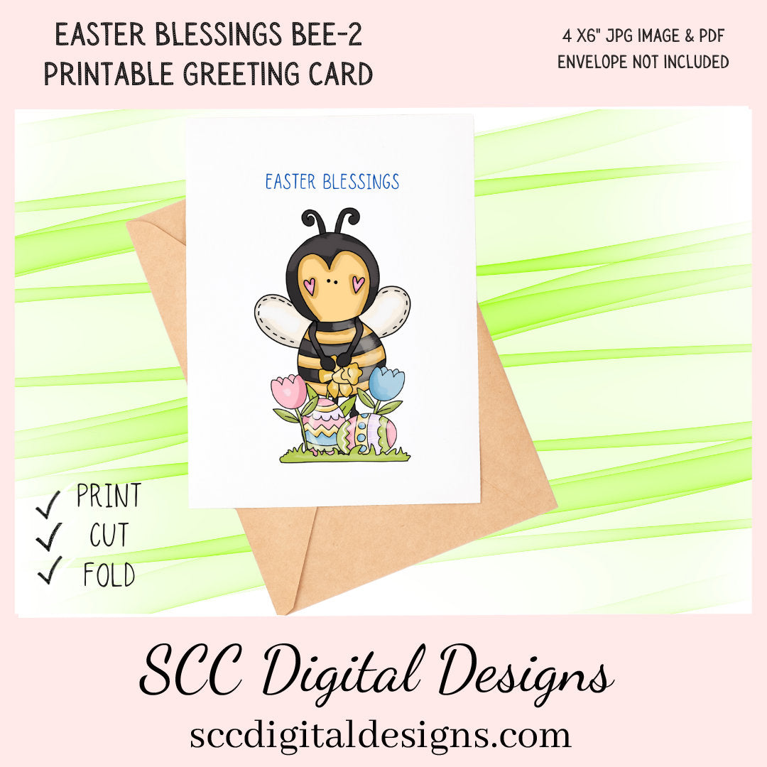 Our printable Easter greeting cards designs are ready for you to download, print, and add your unique message. Our whimsical Easter Bee has tulips, colored eggs, and spring flowers is a Printable Easter Card, with Easter Blessing Bear, Whimsical Art, Print at Home Cards, DIY Gift Card, Blank Card PDF, DIY Gift for Her, Easter Cards, Easter Printables, Instant Download, Blank Cards Download