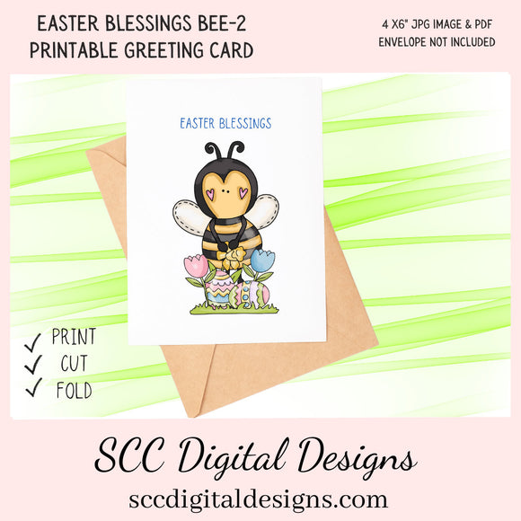 Our printable Easter greeting cards designs are ready for you to download, print, and add your unique message. Our whimsical Easter Bee has tulips, colored eggs, and spring flowers is a Printable Easter Card, with Easter Blessing Bear, Whimsical Art, Print at Home Cards, DIY Gift Card, Blank Card PDF, DIY Gift for Her, Easter Cards, Easter Printables, Instant Download, Blank Cards Download