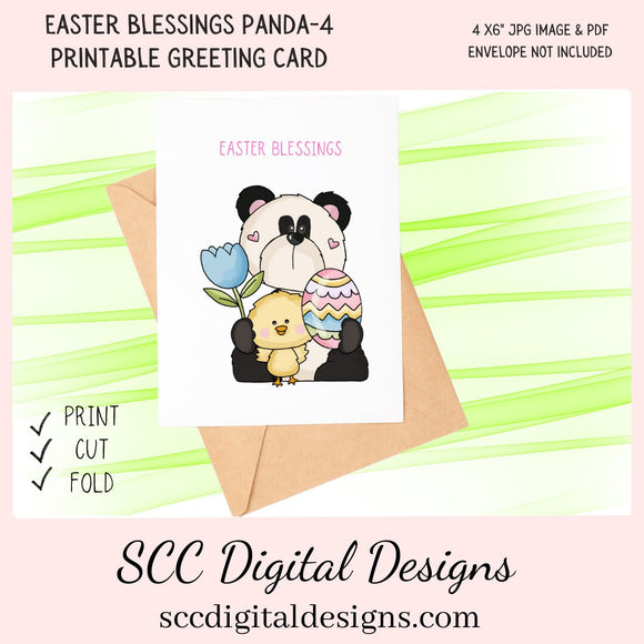 Our printable Easter greeting cards designs are ready for you to download, print, and add your unique message. Our whimsical panda bear has colored eggs, a tulip, and chick, is a Printable Easter Card, with Easter Blessing Panda Bear, Whimsical Art, Print at Home Cards, DIY Gift Card, Blank Card PDF, DIY Gift for Her, Easter Cards, Easter Printables, Instant Download, Blank Cards Download