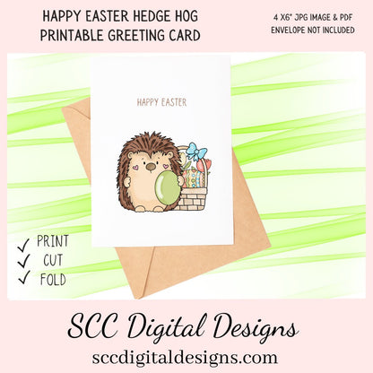 Our printable Easter greeting cards designs are ready for you to download, print, and add your unique message. Our whimsical hedge hog has colored eggs, a tulip, and an Easter Basket, is a Printable Easter Card, with Happy Easter Hedge Hog, Whimsical Art, Print at Home Cards, DIY Gift Card, Blank Card PDF, DIY Gift for Her, Easter Cards, Easter Printables, Instant Download, Blank Cards Download