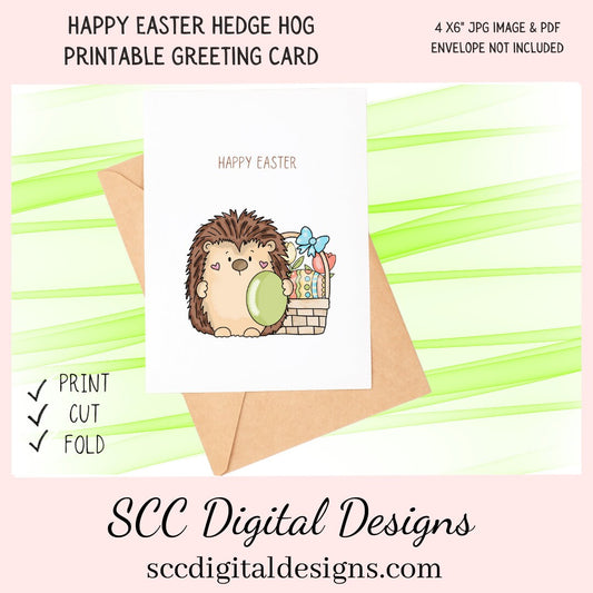 Our printable Easter greeting cards designs are ready for you to download, print, and add your unique message. Our whimsical hedge hog has colored eggs, a tulip, and an Easter Basket, is a Printable Easter Card, with Happy Easter Hedge Hog, Whimsical Art, Print at Home Cards, DIY Gift Card, Blank Card PDF, DIY Gift for Her, Easter Cards, Easter Printables, Instant Download, Blank Cards Download