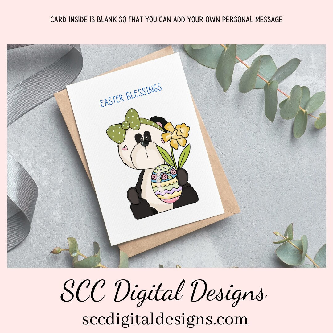 Our printable Easter greeting cards designs are ready for you to download, print, and add your unique message. Our whimsical panda bear has a colored eggs, and spring flower is a Printable Easter Card, with Easter Blessings Panda Bear, Whimsical Art, Print at Home Cards, DIY Gift Card, Blank Card PDF, DIY Gift for Her, Easter Cards, Easter Printables, Instant Download, Blank Cards Download