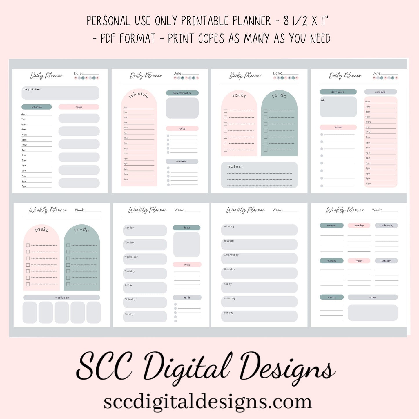 Boho Modern, Printable Calendar, Daily Schedule, Weekly, Monthly, Self Care, Gratitude Journal, Goal Setting, Habit Tracker, Meal Planner  Our boho modern printable planner has hues of pink and blue which is easy on the eyes. We have included several styles of daily, weekly and monthly planner pages. Just pick your style and mix or match.