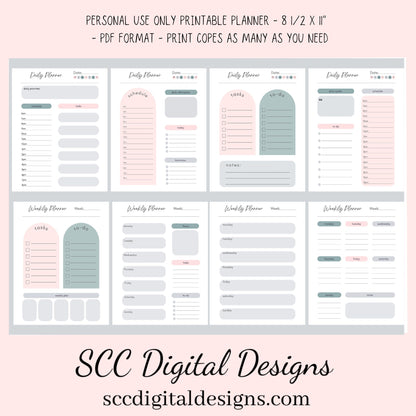Boho Modern, Printable Calendar, Daily Schedule, Weekly, Monthly, Self Care, Gratitude Journal, Goal Setting, Habit Tracker, Meal Planner  Our boho modern printable planner has hues of pink and blue which is easy on the eyes. We have included several styles of daily, weekly and monthly planner pages. Just pick your style and mix or match.