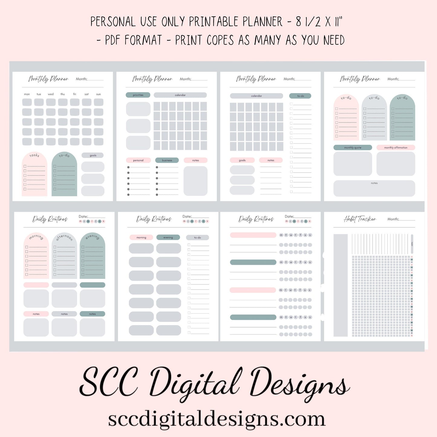Boho Modern, Printable Calendar, Daily Schedule, Weekly, Monthly, Self Care, Gratitude Journal, Goal Setting, Habit Tracker, Meal Planner  Our boho modern printable planner has hues of pink and blue which is easy on the eyes. We have included several styles of daily, weekly and monthly planner pages. Just pick your style and mix or match.