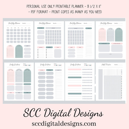 Boho Modern, Printable Calendar, Daily Schedule, Weekly, Monthly, Self Care, Gratitude Journal, Goal Setting, Habit Tracker, Meal Planner  Our boho modern printable planner has hues of pink and blue which is easy on the eyes. We have included several styles of daily, weekly and monthly planner pages. Just pick your style and mix or match.
