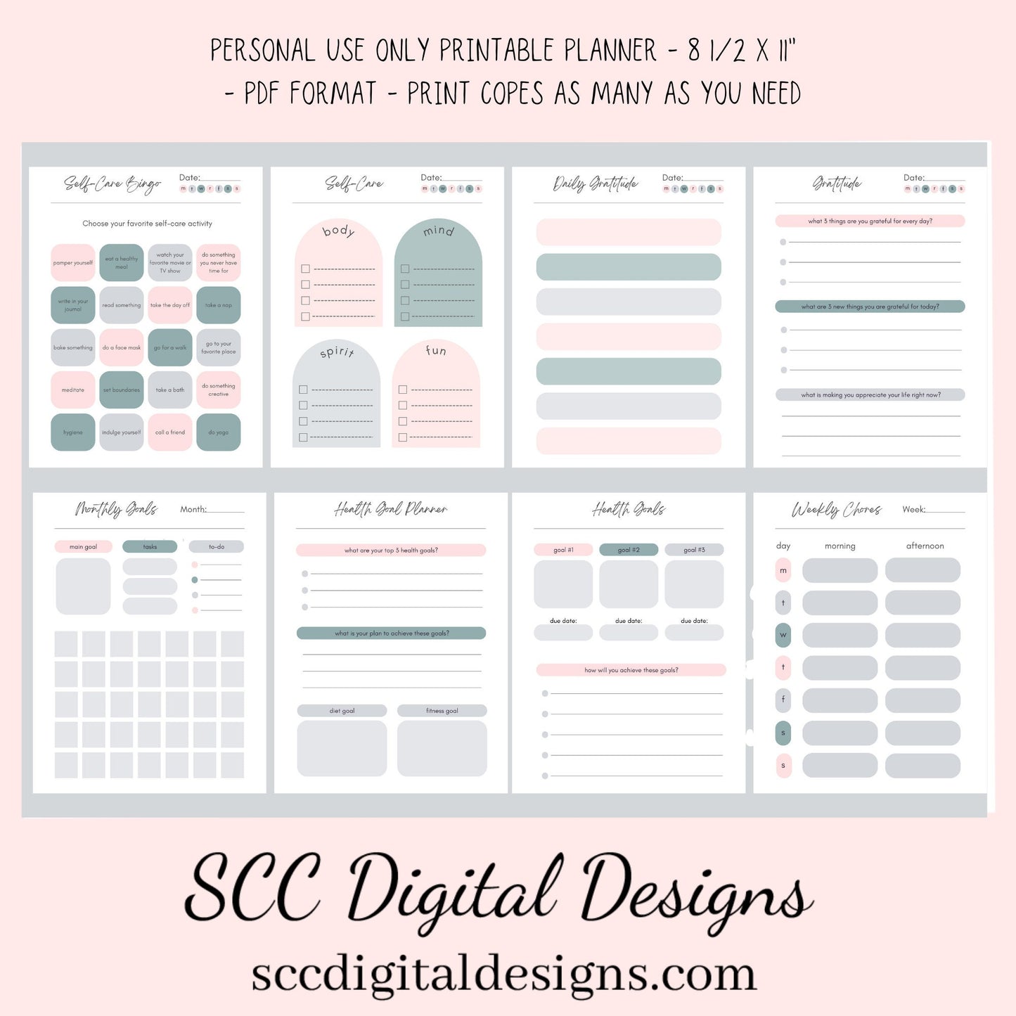 Boho Modern, Printable Calendar, Daily Schedule, Weekly, Monthly, Self Care, Gratitude Journal, Goal Setting, Habit Tracker, Meal Planner  Our boho modern printable planner has hues of pink and blue which is easy on the eyes. We have included several styles of daily, weekly and monthly planner pages. Just pick your style and mix or match.