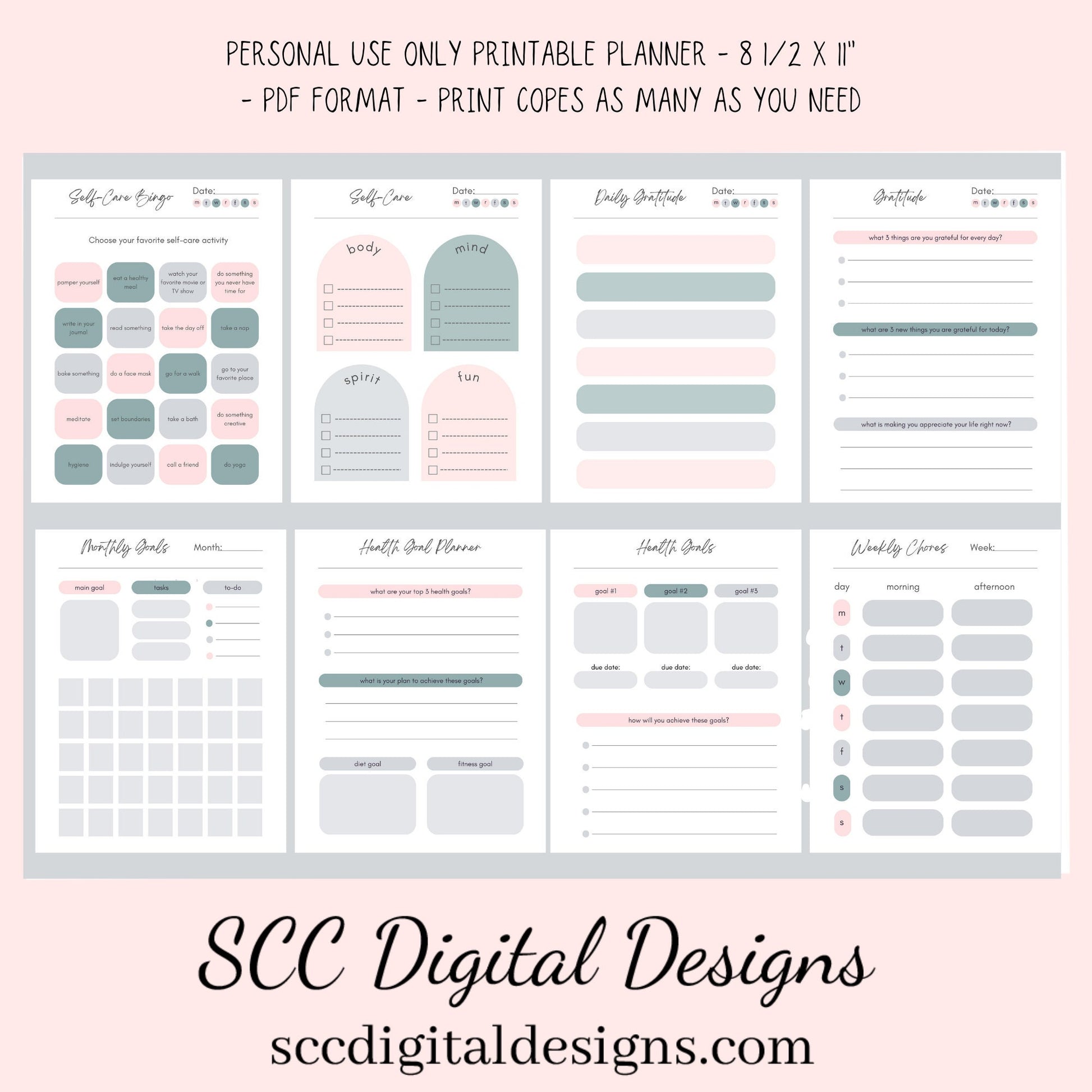 Boho Modern, Printable Calendar, Daily Schedule, Weekly, Monthly, Self Care, Gratitude Journal, Goal Setting, Habit Tracker, Meal Planner  Our boho modern printable planner has hues of pink and blue which is easy on the eyes. We have included several styles of daily, weekly and monthly planner pages. Just pick your style and mix or match.
