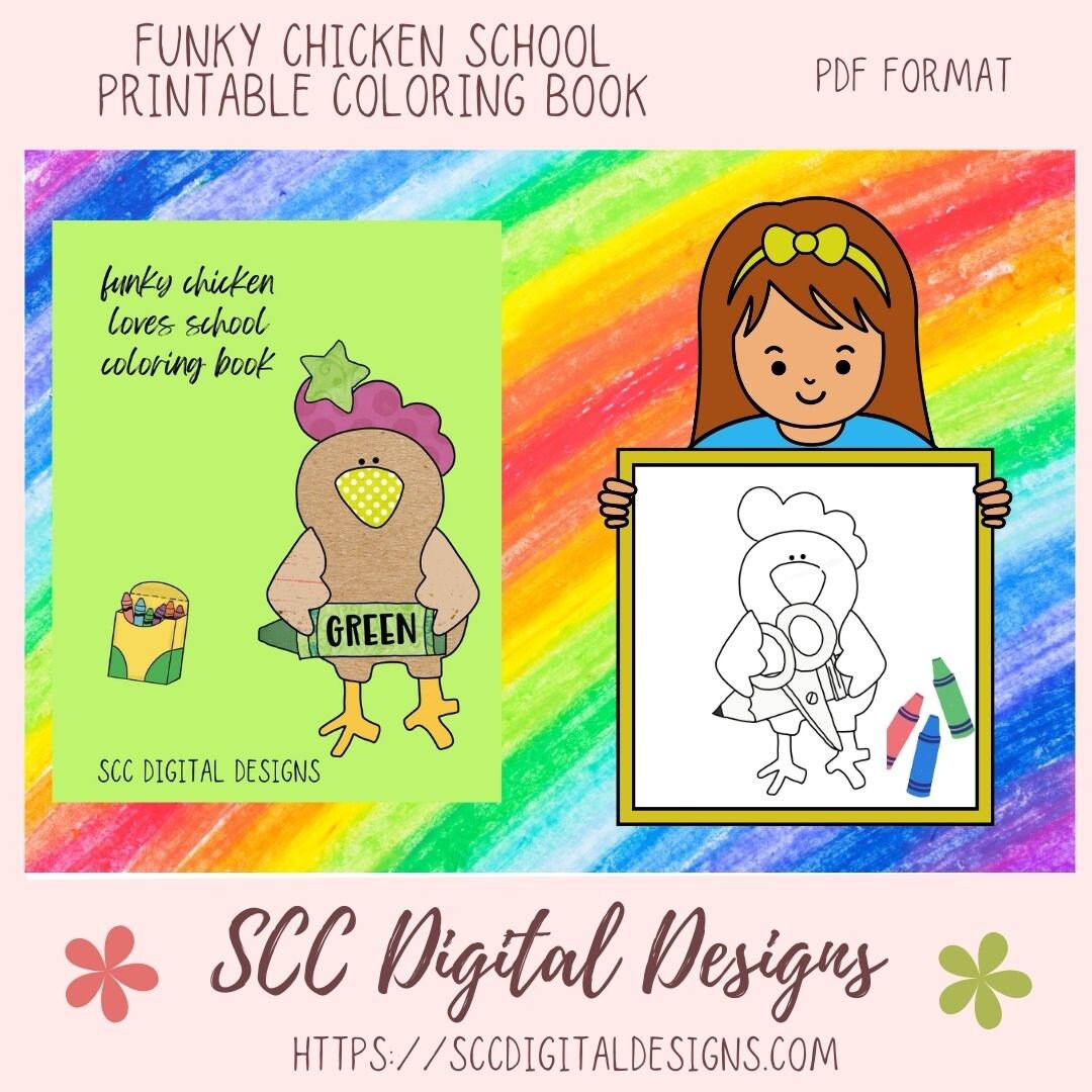 Our funky chickens love school coloring pages are great kids home school activities, have a coloring contest birthday party, or create a colored story book for grandma. These funky chickens are large format images that will appeal to toddlers, preschoolers, and kids of all ages. Our coloring books come to you in a Printable PDF format that you download, and print right at home.