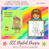 Our funky chickens love school coloring pages are great kids home school activities, have a coloring contest birthday party, or create a colored story book for grandma. These funky chickens are large format images that will appeal to toddlers, preschoolers, and kids of all ages. Our coloring books come to you in a Printable PDF format that you download, and print right at home.