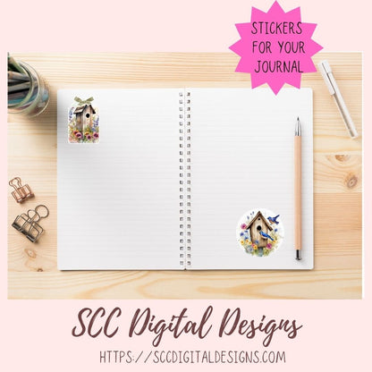 Floral Clipart Printable Stickers for Book, Birdhouse PNG Files for Sublimation for Tumblers, Digital Planners & Scrapbooking For Women