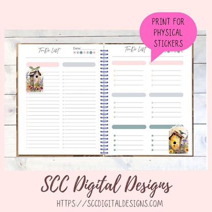 Floral Clipart Printable Stickers for Book, Birdhouse PNG Files for Sublimation for Tumblers, Digital Planners & Scrapbooking For Women